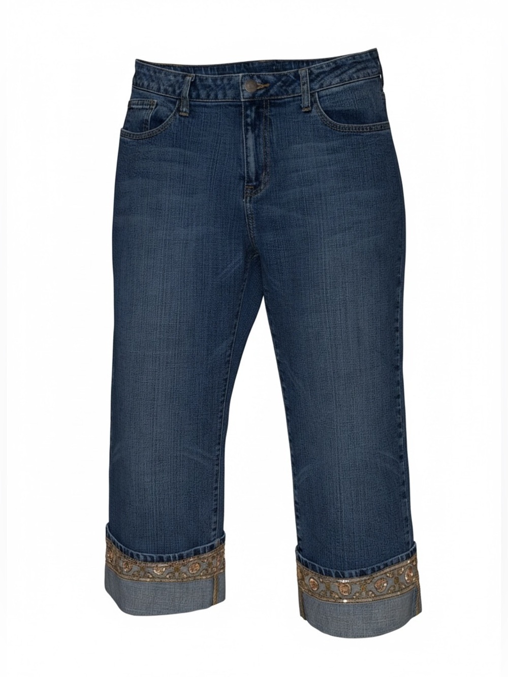 APT 9 Denim Embellished Sequins Osaka Capris Rolled Cuff Distressed Blue Size 14